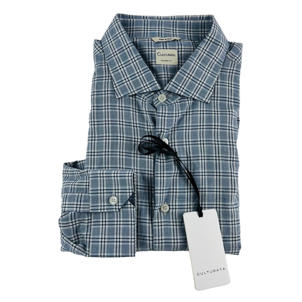 NWT Culturata Blue Check Long Sleeve Tailored Fit Cotton Button Up‎ Size 18/46